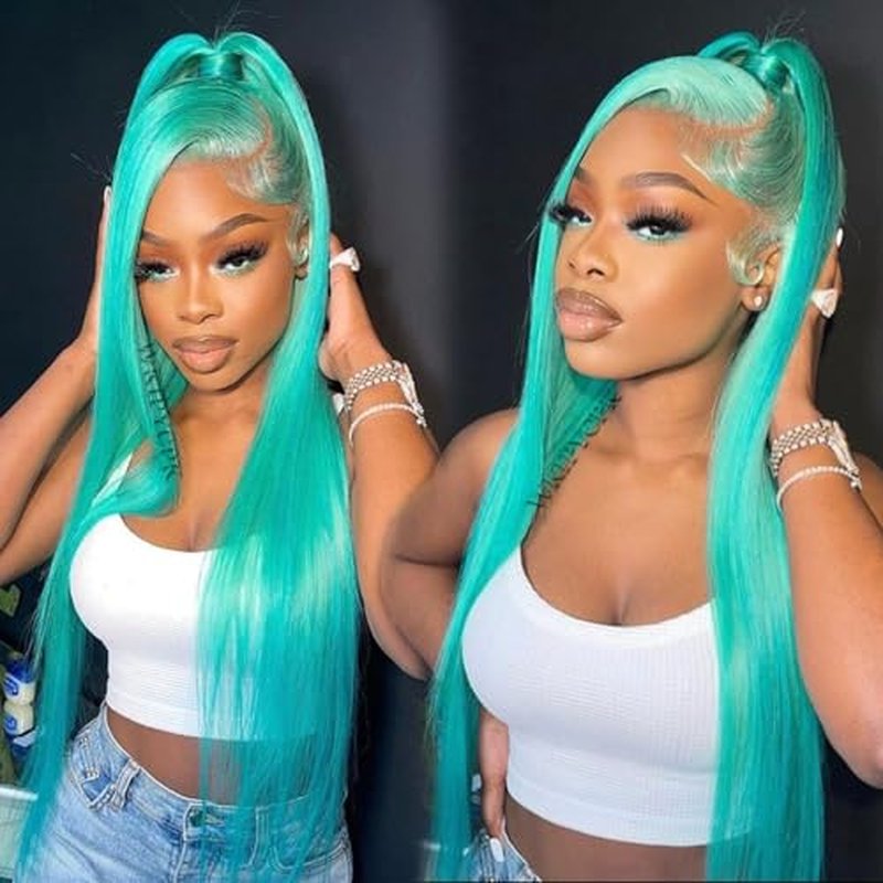 Blue Green Color Synthetic Lace Front Wigs for Fashion Women 24 Inch Long Silky Straight Hair Mint Green Wig 13x4 HD Lace Front Wigs Pre Plucked Hairline