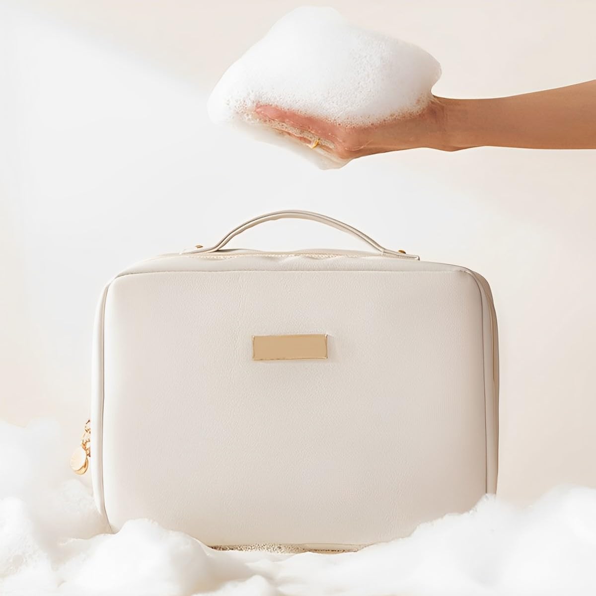 OLBUPS Portable Large Capacity Cosmetic Bag, Skincare Products, Makeup Brush Storage Bag, Double Layer Makeup Bag (Upgraded-White)