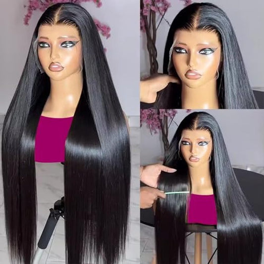 Synthetic Lace Front Wig, 13x6 Lace Frontal Wigs Human Hair Touch Pre-Plucked Long Straight Glueless 1B Black Wig 30 inch Vogue Highlight Technology-Premium Fiber & Human Hair Blended