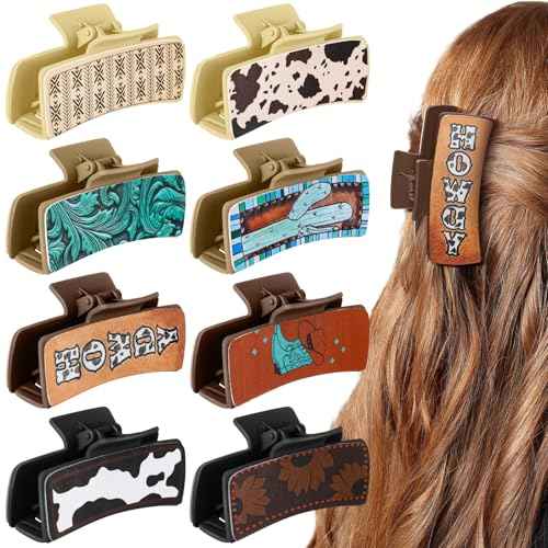 8 Pcs Christmas Western Leather Hair Claw Clips Bulk Cow Print Highland Cattle Hair Claw Clips Western Accessories Gifts for Women Country Cowgirl Stuff Xmas Accessories (Aesthetic Cowgirl)