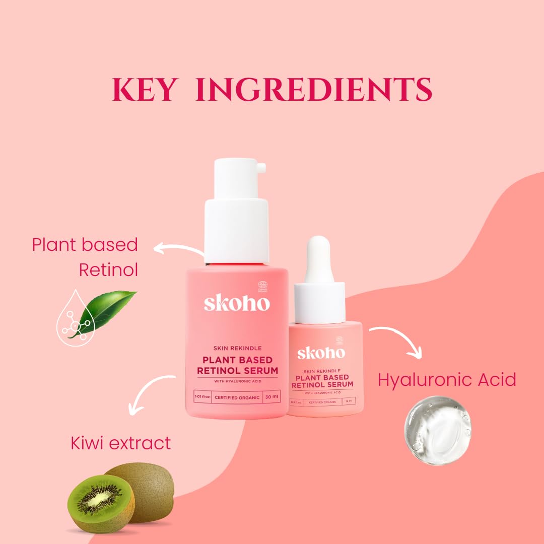 SKOHO Retinol based Anti Aging Organic face Serum with 98.949% Naturality | Reduces Fine Lines & Wrinkles | Plant based Retinol serum for face| Hyaluronic Acid & Kiwi extract | COSMOS Certified| 30ml