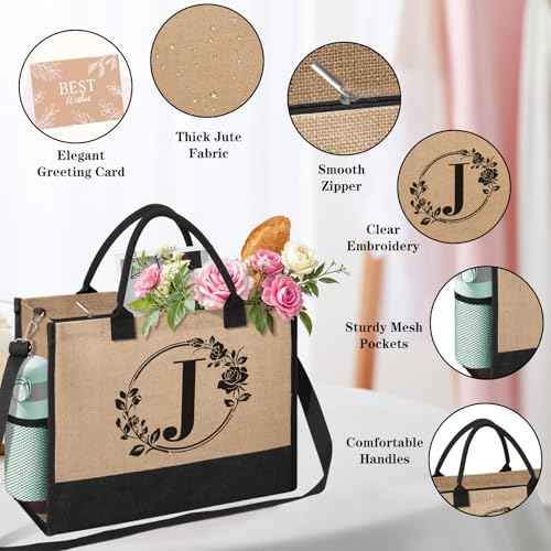 Personalized Gifts for Women, Initial Jute Tote Bag Monogrammed Beach Bag, Mothers Day & Birthday Gifts for Mom Women Friend