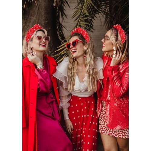 Valentines Day Headband for Women Red Heart Knotted Pearl Rhinestone Jeweled Hairband Fashion Valentine Holiday Wide Head Band Hair Accessories Gifts (red knot hairband)