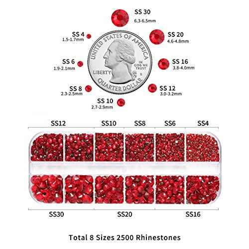 Beadsland Rhinestones for Makeup,8 Sizes 2500pcs Red Flatback Rhinestones Eye Gems for Nails Crafts with Tweezers and Wax Pencil,Siam,SS4-SS30