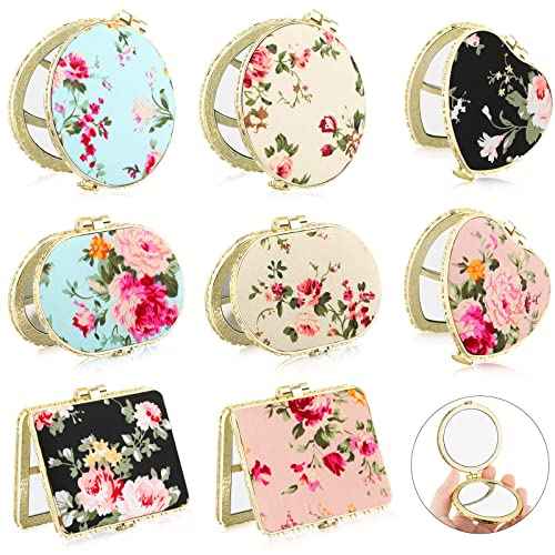 Blulu 8 Pieces Compact Mirror Bulk for Purse Flower Small Floral Retro Folding Portable Pocket Mirror for Women Girls Travel Gift(Gold Edge)