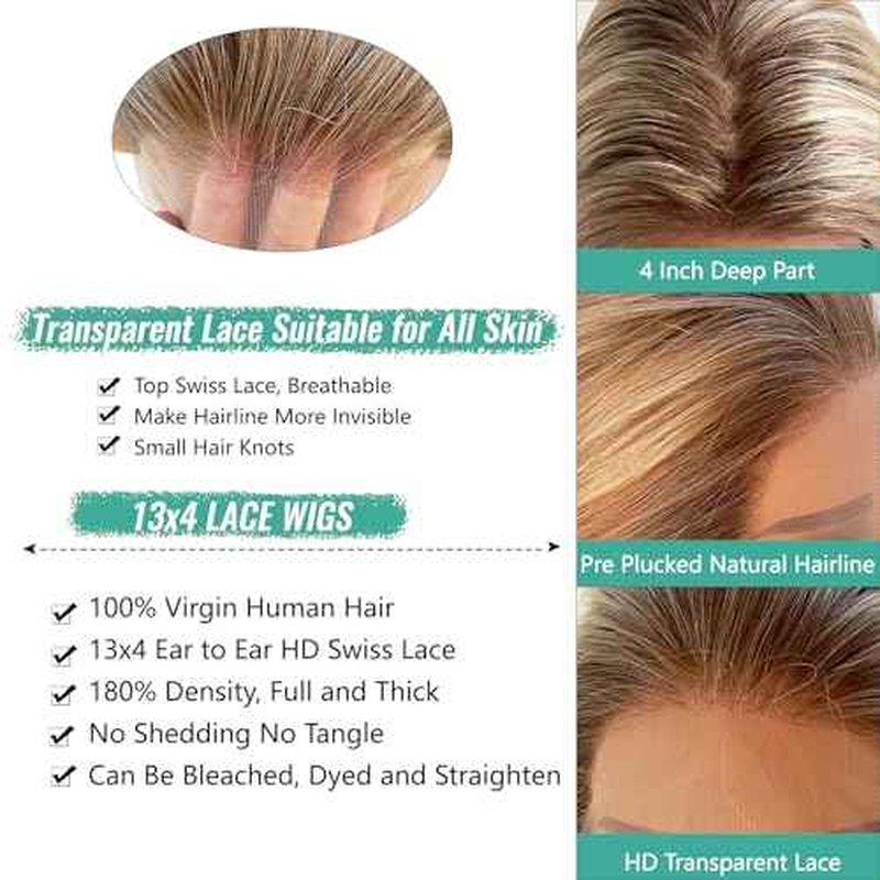 Munx Highlight Ombre Ash Blonde Lace Front Wigs for White Women, 13X4 Lace Frontal Human Hair Wig Brown Mixed Blonde Colored Glueless Pre Plucked Long Wigs with Tiny Knots 24in