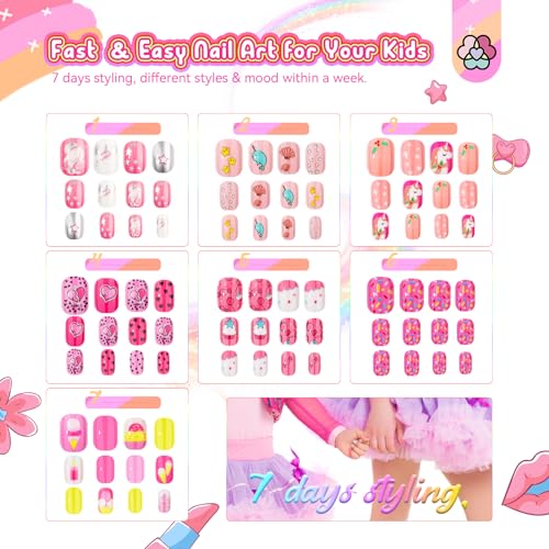 SAVILAND Press on Nails for Kids 168PCS: Kid Press on Nail for Girls Colorful Patterns Kids Fake Nails Tips Strong Adhesion Short Square False Acrylic Nail Art Christmas Easter Gifts 8-12 Years Child
