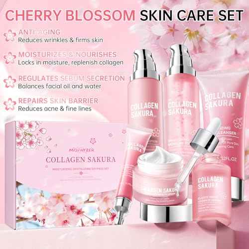 Collagen Sakura Skincare Gift Set, Cherry Blossom Skin Care Set for Teen Girls & Women, Moisturizing & Revitalizing Skin, 6Pcs Collagen Skin Care Routine Kits for Face, Korean Daily Skin Care