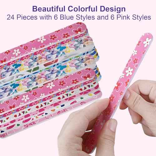 Nail Files (24 Pack), Colorful Emery Board Nail File for Natural Nails Double Sided 180 Grit Professional Fingernails Emory Boards Buffer Manicure Tool Nail Shaping Buffing Smoothing Filers Flowery