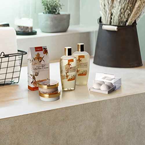 Home Spa Gift Basket - White Rose & Jasmine - Luxurious 11pc Bath & Body Set For Men & Women, Contains Shower Gel, Bubble Bath, Body Lotion, Scrub, Bath Salt, 4 Bath Bombs, Loofah & Basket