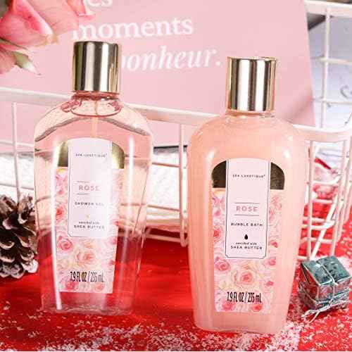 Spa Luxetique Gifts for Women - 10pc Rose Spa Basket, Deluxe Spa Tote Bag Bath Set with Wooden Handle, Bath Salt, Hand Soap, Body Butter, Christmas Gifts for Women