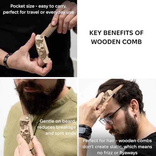 Enjoy The Wood Beard Comb for Men, Folding Pocket Beard Accessories for Men, Engraved Walnut Wooden Comb for Moustache, Beard & Hair For Him (Half Skull)