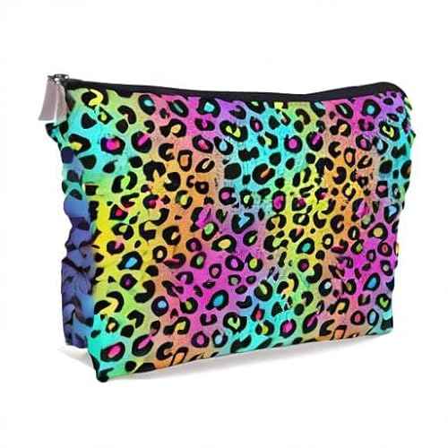 Colorful Neon Leopard Print Rainbow Makeup Bag Cosmetic Bag Zipper Pouch Toiletry Bags,Leopard Print Gifts for Women Teen Girls
