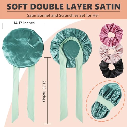 Satin Bonnet for Sleeping Women,Double Layer Hair Bonnet for Sleeping with Tie Band for Curly Hair Braids Long Hair Green