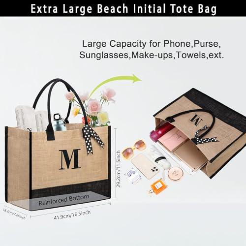 BeeGreen Initial Canvas/Jute Tote Bag Personalized Bag for Wedding, Birthday, Beach, Gift for Women, Mom, Teacher,Friend