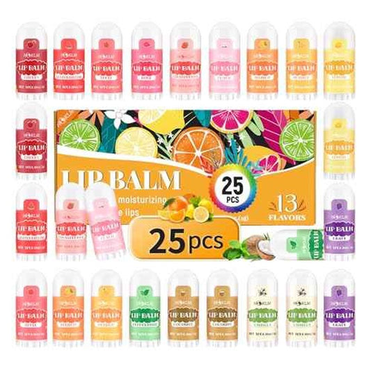 Mini Lip Balm 25 Pack, Natural Lip Balms with Vitamin E and Coconut Oil. Moisturizes for Dry Lips, Perfect for Christmas Gifts, Party Favors, Gift Bags and Small Gifts-13 Flavors