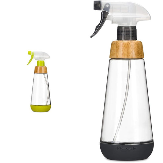 Full Circle 16oz Glass Spray Bottles, Green & Gray, Stream & Mist Modes, Bamboo Accents, Silicone Boot, Refillable