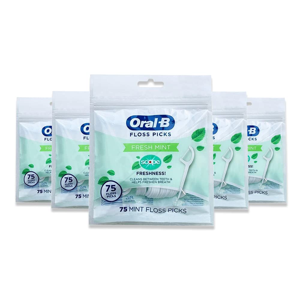 Oral-B Floss Picks Fresh Mint with Scope Freshness, Shred Resistant, 75 Count (Pack of 5)