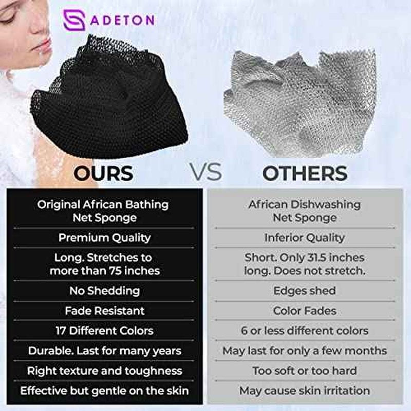 African Net Sponge Authentic with Knots, Exfoliating Bath Cloth, Real African Wash Net, Black Owned Sapo Afro Body Scrubber, Shower Essential Body Exfoliator, Large Deluxe Version (Black Large)