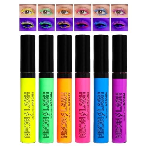 MAEPEOR Neon Mascara 6 Colors Blacklight Eyelash Waterproof and Smudgeproof Longlasting Fluorescent Mascara for Daily Wear and Halloween Christmas (Set 01)