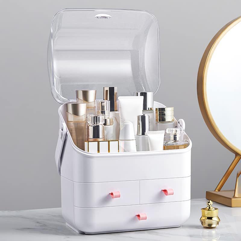 Cosmetic Storage Box - Makeup Organizer with Dust-Free Cover & Portable Handle | Large Display Case with Drawers for Dresser & Bathroom Countertop