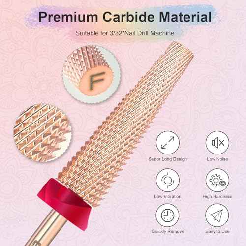 Depvko Super Long 5 in 1 Nail Drill Bits, 3/32'' Carbide Tungsten Bits, Two Way Rotate Professional Advanced Safety Bits for Nail, Fast Remove for Manicure Pedicure (Long 5in1-Rose Gold, Fine-F)