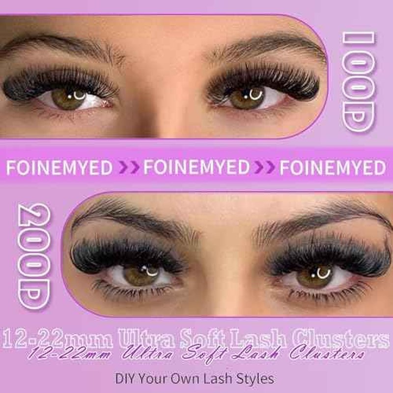 Lash Clusters 100D+200D Thick Volume Eyelash Clusters 12-22mm Long Cluster Lashes Eyelash Extensions Individual Lashes Clusters DIY at Home Eyelashes D Curly Lash Extension by FOINEMYED