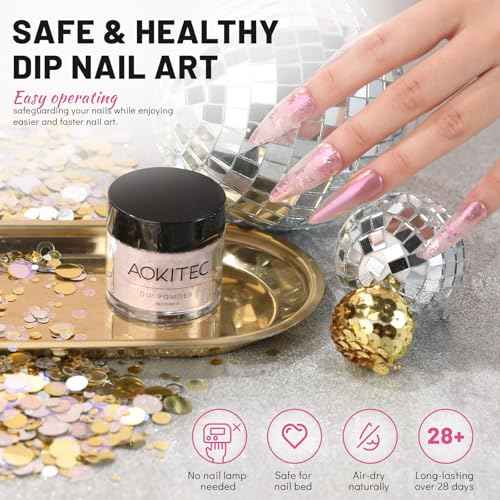Aokitec Starry Pink Glitter Colors Dip Powder, 1OZ Glitter Pink Dip Powder for French Manicure Nail Starter & Professional Home DIY Salon Use Shinny Dip Nails Long-lasting 28 Days