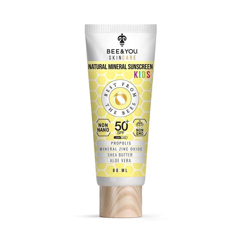 Bee and You Kids 100% Natural SPF 50 Mineral Sunscreen for Kids, Face and Body, Water Resistant, Sun Protection with Zinc Oxide & Bee Propolis, Hypoallergenic, 2.7 oz (80 mL)