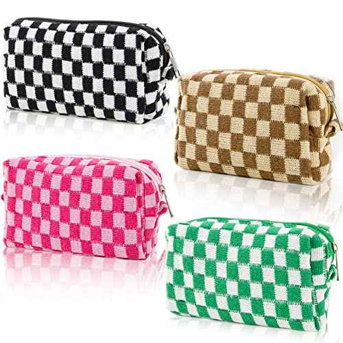 4 PCS Checkered Makeup Bag Cosmetic Bag for Women Checkered Pouch Plaid Makeup Bag for Women Large Capacity Pencil Case Makeup Brushes Storage Bag Travel Toiletry Bag Organizer