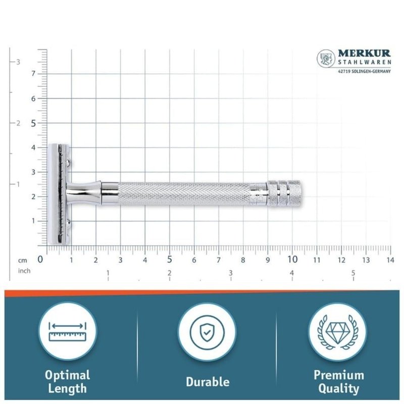 MERKUR 23C Double Edge Safety Razor - Polished Chrome, Long Knurled Brass Handle, Made in Germany, Plastic-Free, Three Piece Design, Closed Comb, Straight Bar