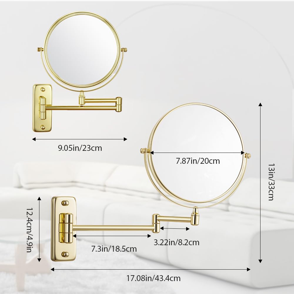 Cerdeco 8 Inch 10X Double Sided Makeup Wall Mount Mirror with Nickel Plated Finished 360° Swivel Extendable Cosmetic Shaving Magnification Mirror