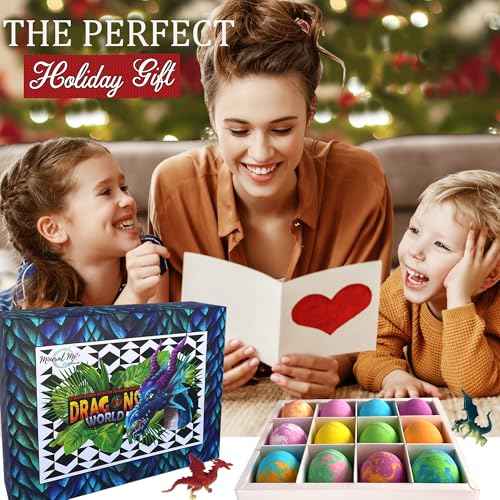 Bath Bombs for Kids with Surprise Inside - 12 Organic Bubble Bath Fizzies with Dragon Egg Toys. Gentle & Kids Friendly w/Rich Bubbles & Rainbow Colors, Stocking Stuffer Christmas Gifts for Boy, Girls