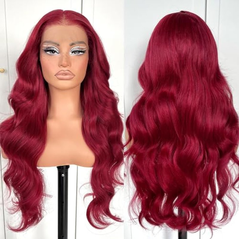 99j Burgundy Lace Front Wigs Pre Plucked Gluless Red Body Wave Lace Front Wigs Synthetic HD Lace Front Wig for Black Women 24 Inch