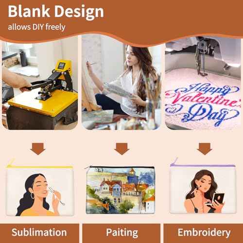 50Pcs Canvas Makeup Bags Bulk, 7.87 x 5.7 Inch Cotton Sublimation Blank DIY Heat Transfer Cosmetic Bag w/Colorful Zipper for Bridesmaid Makeup Bag Travel Toiletry Pouch Storage, Ivory, Halloween Craft