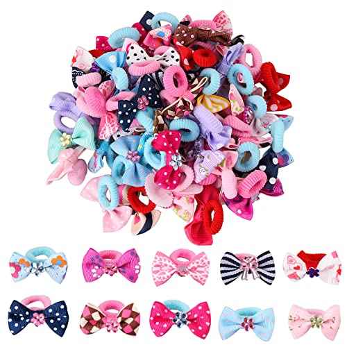 50 Pcs Girls Elastic Hair Ties for Kids Colorful Beautiful Bow Ponytail Holders for Girls Toddlers Soft Seamless Cartoon Rubber Bands Mix Colors Head Accessories