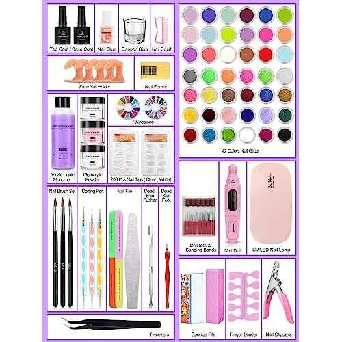 Quaferen Professional Acrylic Nail Kit for Beginners - 42 Colors Glitter Powder, Liquid, UV Light, Drill, Practice Finger Nail Bag Organizer Case
