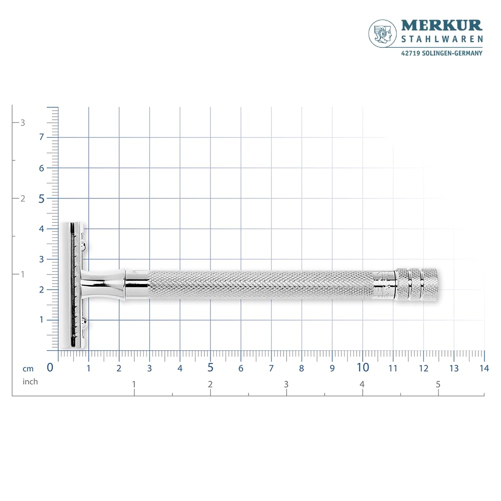 MERKUR 24C Safety Razor For Women with 10 Double Edge Blades | Extra Long Handle | Three-piece Razor | Straight Cut | Bright Chrome Finish | Made in Germany