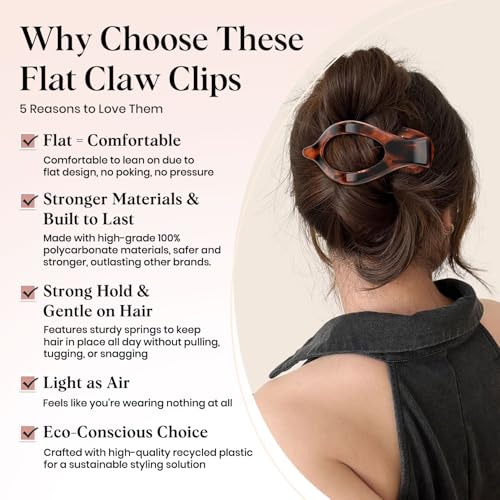 4 PCS Large Flat Hair Clips for Women Girls, French Concord Lay Down Claw Clips for Thick Thin Hair, Comfortable Curved Flat Clip, Leopard Print Stylish Strong Hold Hair Accessories, Tortoise