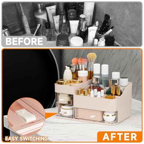 SuoXing Pink Makeup Organizer for Vanity,Large Plastic Skincare Organizers With Drawers,Bathroom Counter Organizer Cosmetic Storage for Dresser Top Skin Care,Lotion,Beauty Products and Brush Holder