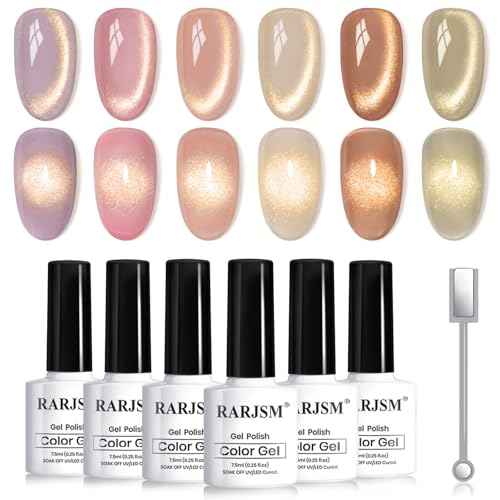 RARJSM Gold Glitter Cat Eye Gel Nail Polish Set 6Pcs Nude Pink Light Purple Brown Gray Green Velvet Ice Jelly Glitter Cateye Gel Polish with Magnetic Stick UV LED Curing Require Home Salon Nails