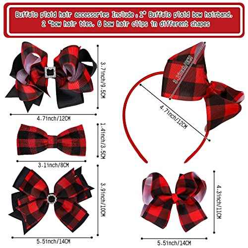 Whaline 9Pcs Christmas Buffalo Plaid Hair Bow Accessories Include Red Black Checkered Ribbon Hair Clips, Headband and Hair Scrunchies Christmas Barrette Ties for Girl Woman Teen Xmas Party Hair Gifts