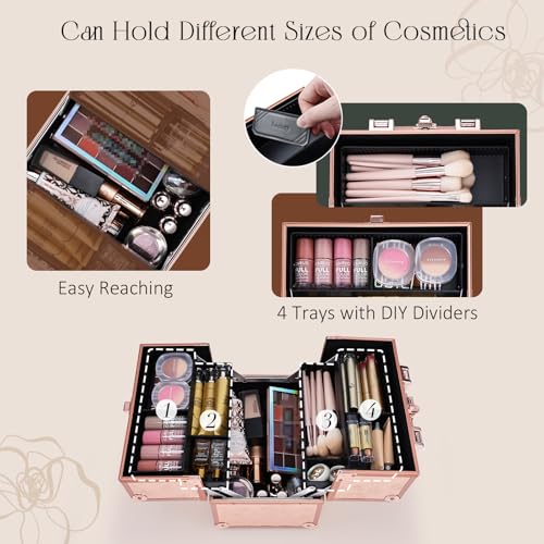 FRENESSA Makeup Train Case Cosmetic Box Portable Makeup Case Organizer 4 Trays Lock Travel Storage Organizer with Dividers Make Up Artist Vanity Hard Nail Spa Beauty Box Rose Gold Floral