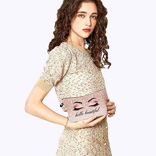 Hello Beautiful Makeup Bag for Purse Eyelash Pink Cosmetic Bags for Women Inspirational Gift Small Funny Cosmetics Glitters Eyeshadows Travel Bag Cases for Toiletries Accessories Organizer