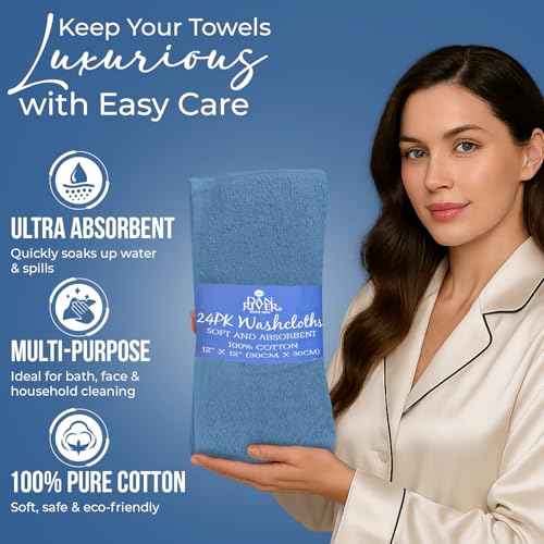 DAN RIVER 100% Cotton Wash Cloths 24 Pack [12x12] Soft & Absorbent wash rag, Gym, Hotels & Spa Perfect for Everyday Use Fingertip Towels, M-Blue