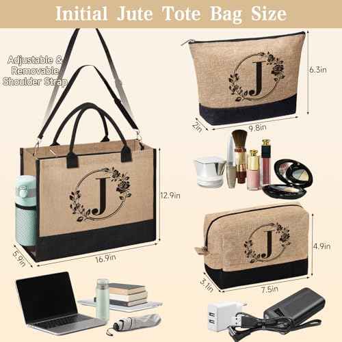 Personalized Gifts for Women, Initial Jute Tote Bag Monogrammed Beach Bag, Mothers Day & Birthday Gifts for Mom Women Friend