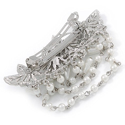 Rhodium Plated Floral Barrette Hair Clip - Clear Crystal & White Faux Pearl | 95mm