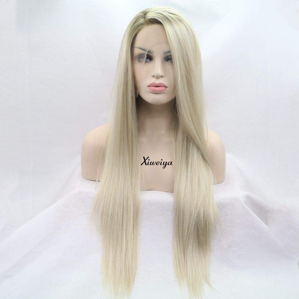 xiweiya Natural Straight Hair Light Blonde Ombre Brown Color Side Part Synthetic Lace Front Wigs For Women Heat Resistant Fiber Replacement Wig Cosplay Hair