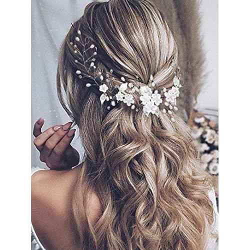 Flower Bride Wedding Hair Vine Silver Pearl Hair Pieces Bridal Headbands Hair Accessories for Women and Girls