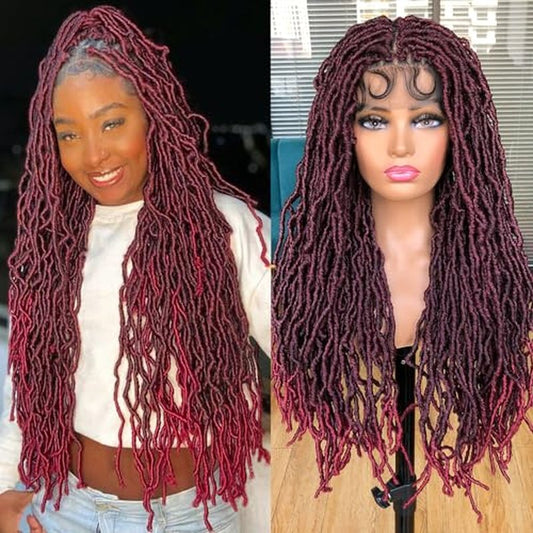 Annivia 32Inch Full Double Lace Box Braided Wigs for Black Women Faux Locs Square Knotless Wigs with Baby Hair Long Dreadlock Wig Natural Black Hand-braided Synthetic Twist Lace locs Wig Ombre Red